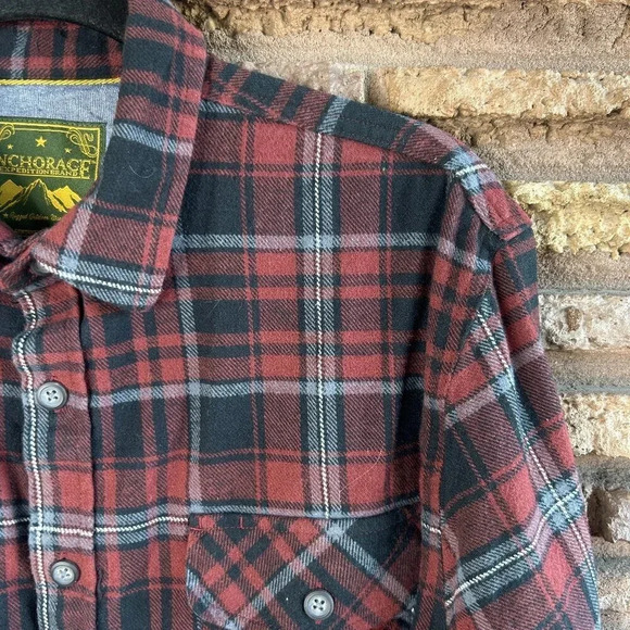 Anchorage Expedition Red Black Plaid Cotton Flannel Button Front Shirt Large - Picture 1 of 5